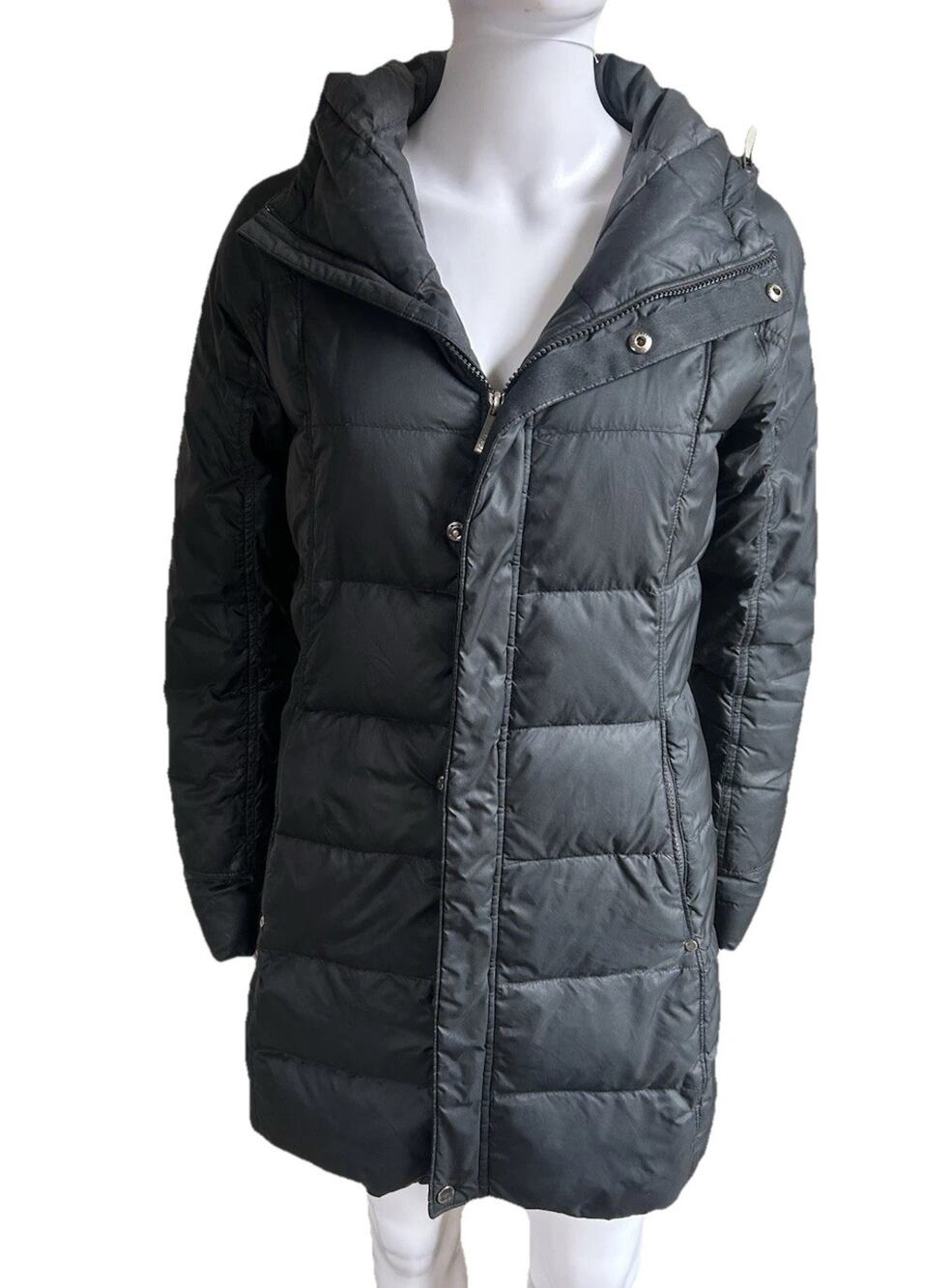 Rei Womens S Down Puffer Parka Black Hooded Quilted Mid Length Winter Coat